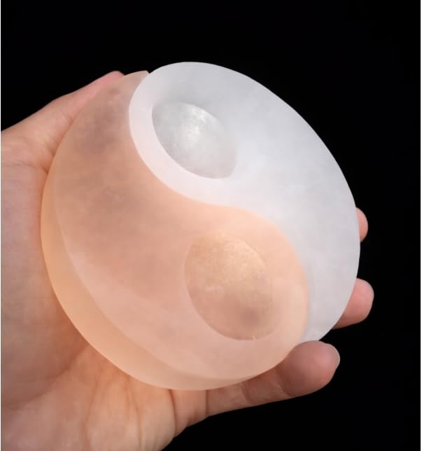 Selenite Stone Orange and White Yin Yang Tea Light Candle Holder, Handcrafted from Morocco
