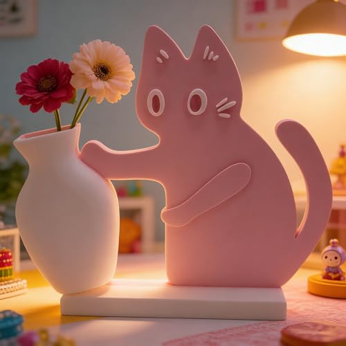 Cat Push Flower Vase for Home Decor Cute Vases for Table Room Decor Unique Lollipop Vases for Women (Small Pink White) - size: Small Pink White