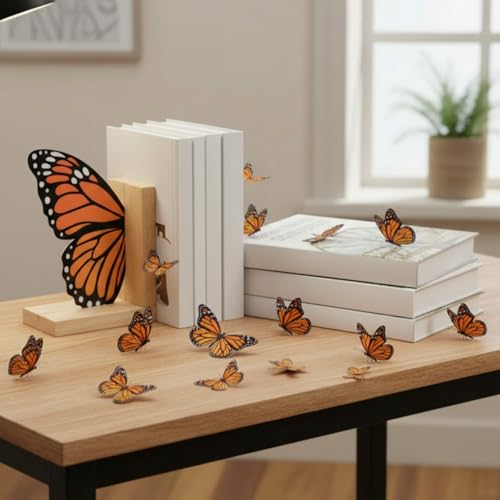 Decorative Butterfly Bookends Wooden Acrylic Butterflys Bookend Modern Bookshelf Decor Accent Book Stopper Decor for Home Farmhouse Shelves Office Lover Gift (Monarch Butterfly) - style: Monarch Butterfly
