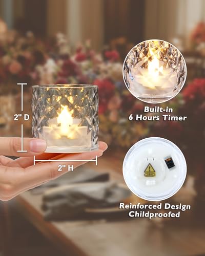 Homemory 2" x 2" Acrylic Votive Candle Holders with Auto Timer Flameless Led Tealight, Battery Powered Fake Electric Candles for Wedding Centerpiece, Table, Christmas Decor (6Pack, Clear Base) - color: Clear, size: 6 Pack