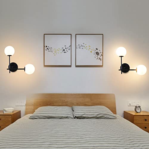 BYOLIIMA Black Globe Wall Sconces, 2-Light Modern Matte Black Vanity Lights with White Globe Glass Shade, Industrial Farmhouse Wall Lamp for Bedroom, Living Room, Kitchen, Bathroom - color: Black