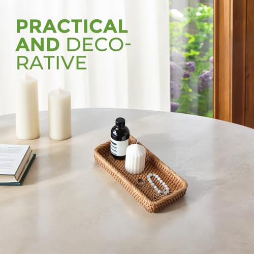 Small Rattan Serving Tray, Natural Wicker Decorative Tray for Trinket Ring Cosmetic, Rectangular Keys Basket Jewelry Perfume Trays for Coffee Table Entryway Living Room(10" × 5.1") - style: S (10" × 5.1")