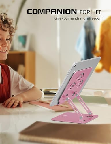 Adjustable Tablet Stand for Desk, Premium Aluminum Holder for iPads, Tablets, Kindles, Switch, Phones, and All Devices up to 12 Inches. Portable and Foldable, Pink, Pro Size - color: Pink, size: Pro Size