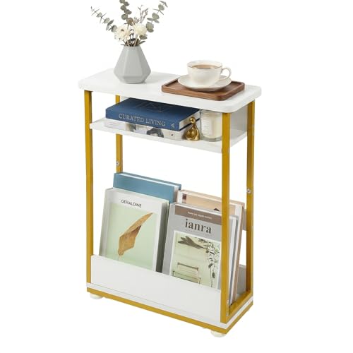 Narrow Side Table,3-Tier Slim End Table with Storage Shelf,Modern Sofa Table Thin Side Table for Small Spaces, Skinny Bedside Table Small Nightstand with Magazine Rack Space Saving/White+Gold - color: White+gold