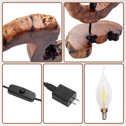 LAPTAIN Wood Table Lamp, Irregular Jujube Tree Wooden Bedside Lamp, Creative Home Decor Table Lamp, Bedside Night Light for Bedroom, Living Room, E12, ON-Off Button,Wood Base - size: Large