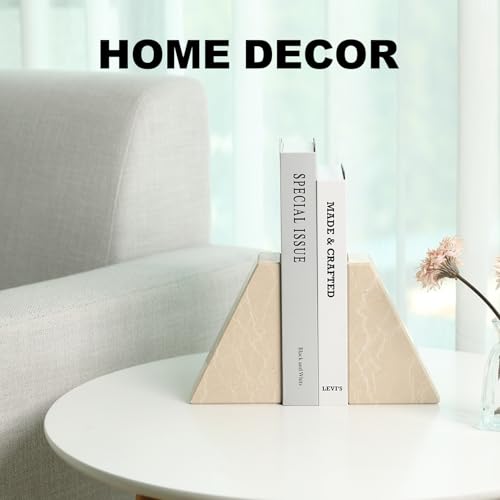 Marble Bookends for Heavy Books, Decorative Book Ends for Shelves, Durable and Heavy-Duty Stone Bookends for Hardback Book & CDS, Unique Book Stopper & Holder, New Jura Beige-Vein, Set of 2 - color: Arabia Beige-vein