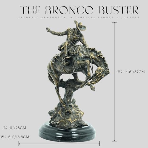 Bronze The Bronco Buster Sculpture by Frederic Remington - Classic Western Cowboy Taming Wild Horse Bronze Statue, Perfect for Art Collectors and Home Decor (2-Round Base) - color: 2-round Base