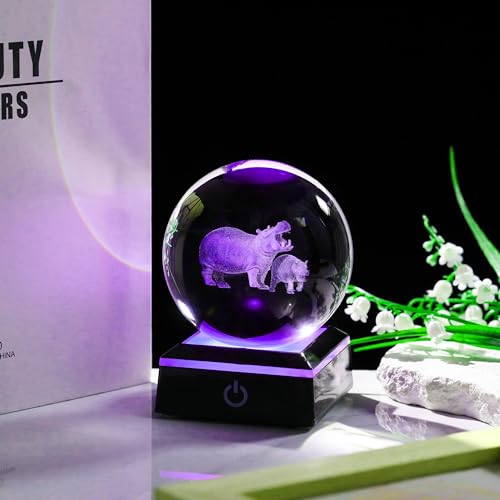 Qianwei Hippopotamus Gifts for Women 3D Crystal Ball 3.14'' - Laser Hippopotamus Decor Glass Animals Hippo Gifts Figurines Statue Stuff for Room Decorations Hippo Night Light - style: Hippo