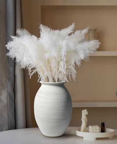 Textured Matte White Rustic Bulbous Ceramic Vase 9 Inch Handmade Pottery, Waterproof for Fresh & Dried Flowers, Farmhouse Neutral Home Decor Centerpiece for Living Room, Kitchen, Mantel, Shelf