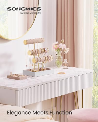 SONGMICS Bracelet Holder Stand, Jewelry Display Stand, Jewelry Organizer, with 3 Tiers and Velvet Tray, Removable Ring Holder, Cloud White and Camel Brown UJJS027A01 - color: Cloud White + Camel Brown