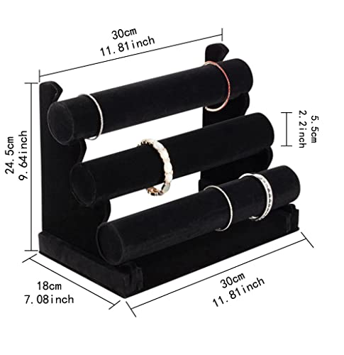 Wudygirl Bracelet Holder Velvet 3 Tier Jewelry Display Stand Storage Watch Bangle Necklace Organizer Showcase(3 Tier) - color: Black, size: L