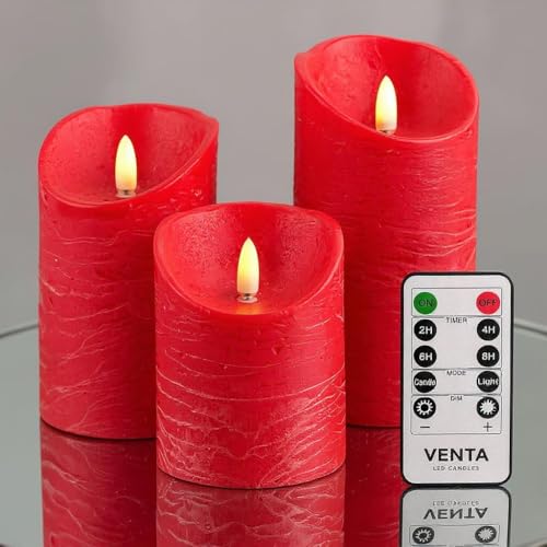VENTA Flickering Flameless Candles with Remote Control - Led Candles Battery Operated - Battery Operated Candle for Decoration Table, Timer & Dimmer Features, Set - 3Pcs (4",5",6") (Red) - color: Red