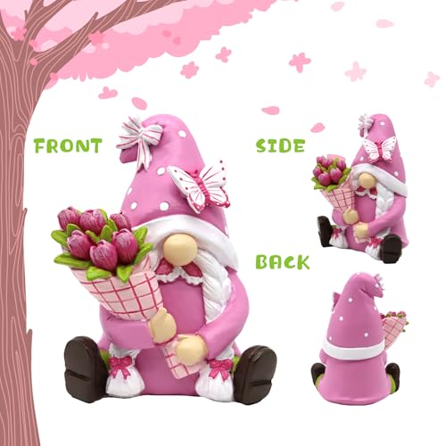 Spring Gnomes Decorations for Home Office- Pink Resin Garden Gnomes with Butterfly Tulip Tiered Tray Decor- Spring Mother's Day & Retirement Gifts - color: Pink