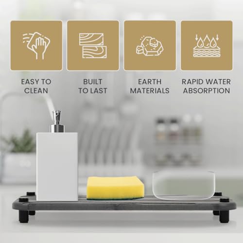 2pc Stone Drying Tray - Diatomite Sink Caddy Kitchen Sink Organizer - Water Absorbing Bathroom Counter - Absorbent Kitchen Soap Tray (Gray w Blk & Silver Feet) - color: Gray