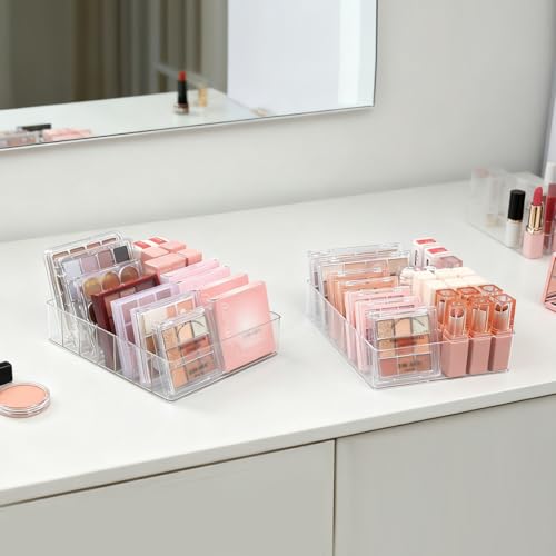 2 Pack Makeup Organizer for Eyeshadow Palette and Lipstick Organizer, 7 Section Divided Makeup Palette Organizer for Lipstick Highlighter, Skincare Cosmetic Display Cases for Bathroom - style: 2-Pack