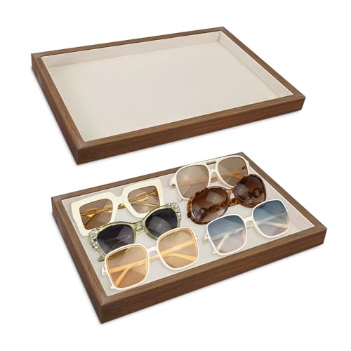 MOOCA 2 Pcs Wooden Jewelry Display Tray, Presentation Tray, Organizer for Rings, Necklaces, Earrings, and Accessories, Walnut Color with Beige Suede, 14" W x 9.6" D x 1.2" H - color: 1 Compartment, Walnut