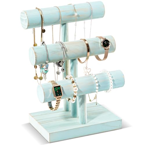 ProCase Bracelet Holder Display Bracelet Organizer, Wooden Bracelet Stand for Selling, T-bar Bangle Storage Rack Wood Watch Display Tower for Business - 3 Tier, Aqua - color: Aqua, size: 3 Tier