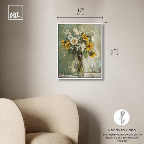 Art Remedy Sunflowers In A Glass Vase Canvas Vintage Farmhouse Wall Art, White Frame, 16" x 20" - color: White Frame, size: 21"L x 17"W