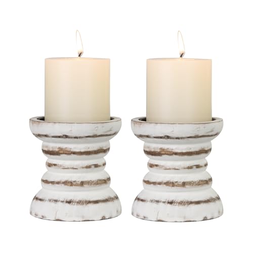 Candle Holder for Pillar Candle Set of 2, Farmhouse Wood Candle Holder, Rustic Wooden Candle Stand, Vintage Small Wooden Candlestick Holders for Living Room, Table Centerpiece, Rustic White - color: Rusticwhite, size: Set of 2