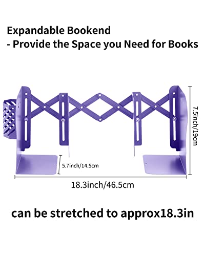 MSDADA Adjustable Bookends, Metal Book Ends for Heavy Books, Expandable Book Organizer with Pen Holder for Desk, Shelf, Office, The First Day of School Stationery Gift for Students,Teachers (Purple) - color: Purple