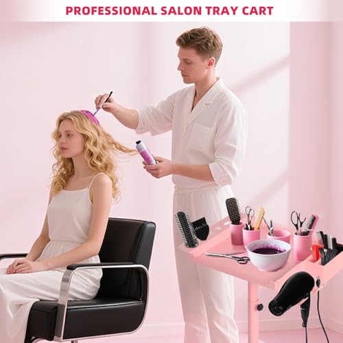 Extension Salon Tray Hair Extension Cart Tray Pink Multi-Function Extensions Rolling Tray with Blow Dryer Holder and Storage Platform - color: L-pink