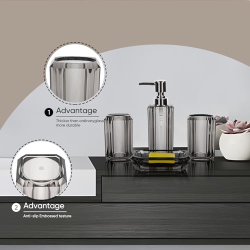 4-Piece Modern Gray Bathroom Accessories Set — Soap Dispenser, Soap Dish, Mouthwash Cup & Toothbrush Holder, Glossy Acrylic with Gray Finish, Vanity Countertop Organizer - color: Gray
