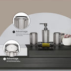 4-Piece Modern Gray Bathroom Accessories Set — Soap Dispenser, Soap Dish, Mouthwash Cup & Toothbrush Holder, Glossy Acrylic with Gray Finish, Vanity Countertop Organizer - color: Gray
