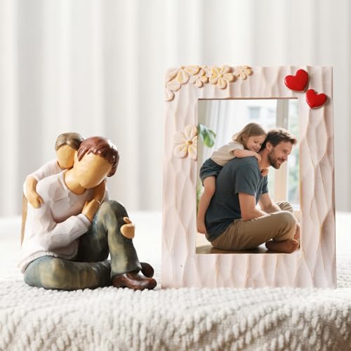 Father Daughter Figurine Personalized Birthday Fathers Day Valentines Gifts for Dad from Daughter 4.7"Resin Hand Painted Sculpture in Memory of Dad Statues for Home Decor(Frame for Free) - style: Father and Child Set