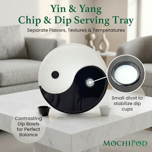 Chip and Dip Serving Tray – Yin Yang Divided Snack & Appetizer Platter with Built-In Dip Bowls, 14” Large Round Hosting Plate for Charcuterie, Fruit, Veggies & Party Snacks