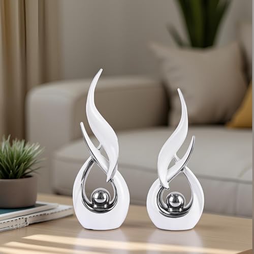 Gold Ceramic Abstract 2 Piece Statue Set,Mid Century Modern Abstract Art Home Decor Statue Mantelpiece on Unique Shelf Decor, TV Cabinet Divider Table top and Dining Table Centerpiece (White Silver) - color: White Silver