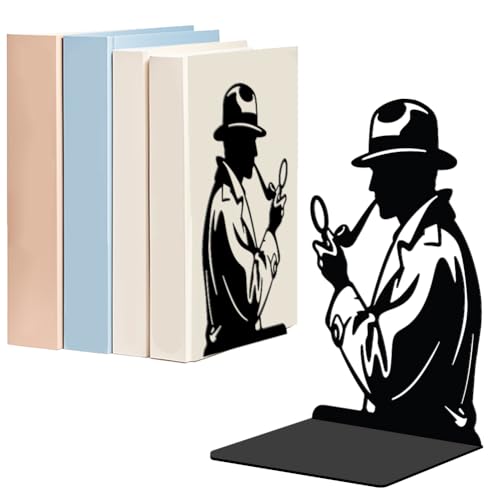 WADORN 1 Pair Detective Themed Metal Decorative Bookend for Shelves, Heavy Duty Book Ends Modern Non-Skid Books Holder Stand Black Book Support Stoppers for Desk Bookshelf Office, 5.3x4.3x7.8 Inch - color: Detective Theme