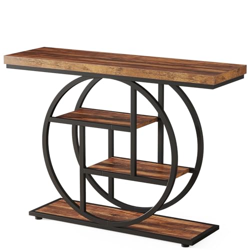 Tribesigns 41.3" Console Table, Industrial 4-Tier Sofa Table Entryway Table with Circle Base, Narrow Wood Accent Tables with Storage Shelves for Living Room, Hallway, Foyer, Rustic Brown - color: Rustic Brown