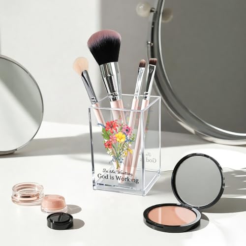 in The Waiting God is Working Acrylic Cosmetic Bible Verse Pencil Pen Holder Cup, Floral Christian Desk Organizer Accessories for Home Office Decor, Christian Faith Gifts for Women Girl Coworker - style: Waiting