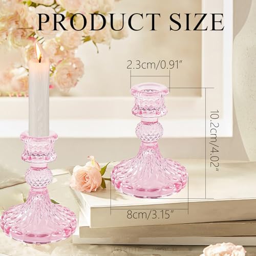 Glass Candlestick Holders Set of 2，Taper Candle Holders Fit 0.8 Inch Candles, Crystal Decorative Candle Stand Centerpiece for Table Wedding Dinning Party 4 Inch Tall (Pink) - color: Pink
