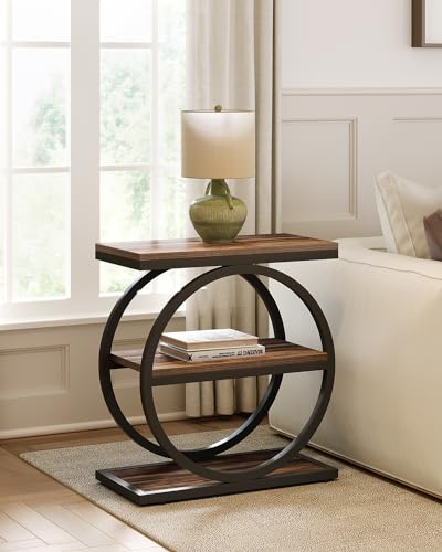 LITTLE TREE End Table, 3-Tier Side Table, Slim Sofa Side Table for Living Room, Tall Bedside Table Nightstand for Bedroom, Rustic Brown and Black - color: Rustic Brown