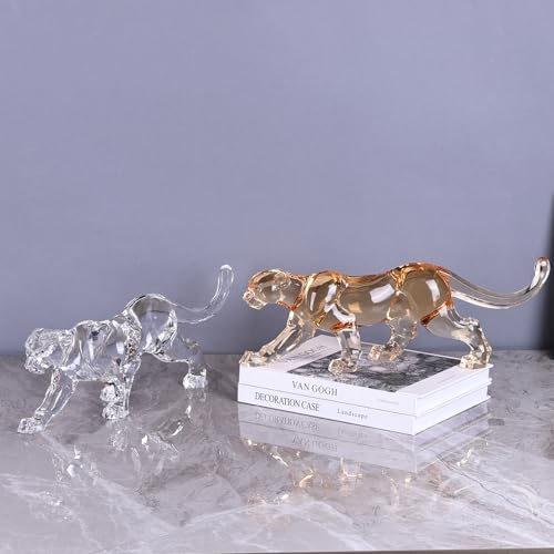 16" L Acrylic Cheetah Statue, Crystal Glass Finish Leopard Figurine, Gold Clear Jaguar Sculpture for Home Or Office Cool Decor, Large Luxury Panther Desk Animal Art African Statues