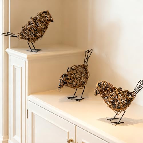 3PCS Bird Statue Farmhouse Decor Set - Christmas Ornament - Handwoven Natural Rattan Bird Figurines Table Decor, Multi-Pose Shelf & Mantel Accents - color: Coffee