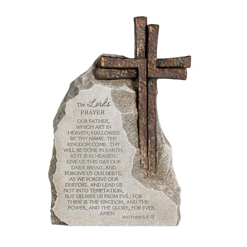 The Lord's Prayer Stone Decor with Bronze Color Cross, 9.4 inches, Religious Table Decoration for Home Office - color: Gray