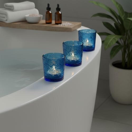 12 Pack Hummingbird Embossed Glass Candle Holders – Votive Tealight Holders with Patent Design, Decorative Embossed Glass Cups for Wedding Centerpieces, Parties, and Home Décor (Ocean Blue) - color: Ocean Blue