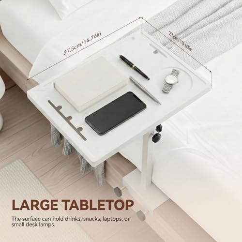 Bedside Shelf Rotating Foldable Tray:Adjustable Bedside Shelf for Bed, White,Bamboo Bed Side Tray Table with Sturdy Metal Pole, Fits Frames 0.7"-2.7" Wide, for Dorms, Apartments, Bedrooms