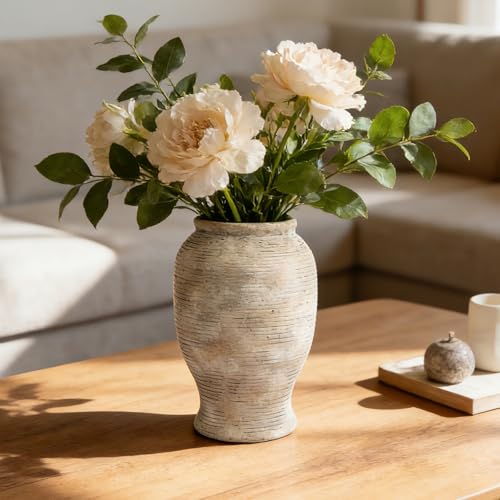 9" Ceramic Vase for Flowers - 100% Waterproof Farmhouse Rustic Flower Vase, Hand-Finished Ribbed Textured Decorative Vase, Distressed Oatmeal Pottery for Modern Home Decor, Mantel, Shelf