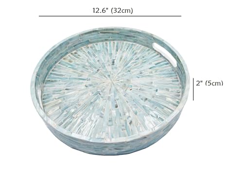 PEMAR 12.6” Mother of Pearl Round Serving Tray with Handles, Decorative Nacred Wooden Ottoman Coffee Table Tray (Teal Sunlight) - color: Teal Sunlight