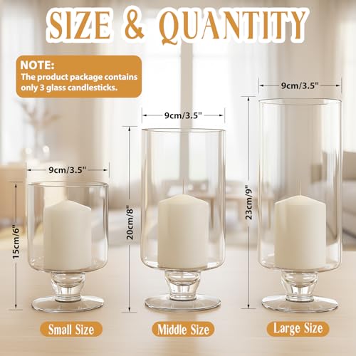 3 Pcs Wedding Glass Candle Holder - 6" 8" 9" Clear Hurricane Stemmed Terrarium Pillar Candle Floating Tealights Flower Vase Centerpiece Holiday Decoration for Home Party