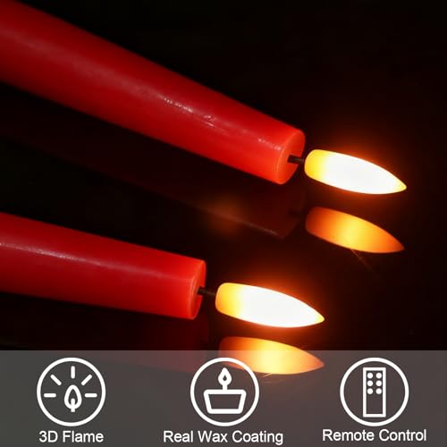 GenSwin Flameless Taper Candles, Set of 2 Red LED Taper Candles Battery Operated with Remote Timer, Real Wax Flameless Candlesticks with 3D Flame for Home Wedding Party Holiday Decor (0.78” x 9.65”) - color: 2-Red