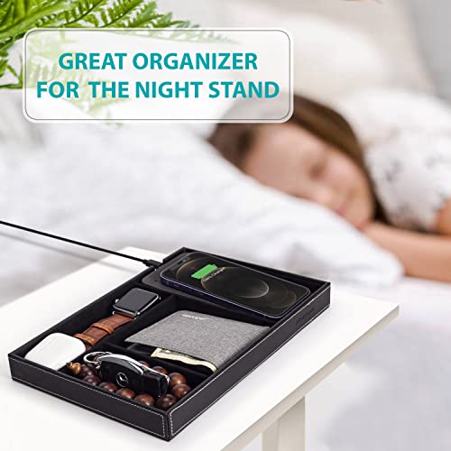 Valet Tray, Built in Wireless Charging Pad, Nightstand Organizer, Dresser Organizer, Mens Jewelry Box, Valet Charging Station, Faux Leather Valet Tray for Men and Women, (Black) - color: Black