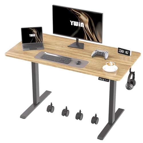 Ywin Electric Height Adjustable Standing Desk with Wheels, 63 x 24 inches Ergonomic Stand Up Desk for Home Office - color: Light Antique