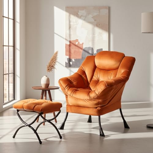 Tiita Lazy Chair with Ottoman, Orange Modern Large Accent Armchair, Comfy Leisure Sofa Reading Chair with Footrest for Bedroom, Living Room, Dorm Rooms, Garden, Velvet Orange - color: Orange
