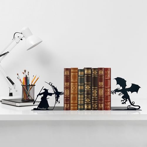 Lord Decorative Bookends - Epic Fantasy Dragon & Wizard, The Rings Book Ends for Home Library & Office Decor, Fantasy Inspired by Lord Dragon Bookends, Unique Lord Gift for Fans (Matte Black, Large)
