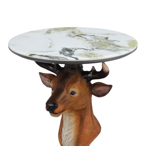 Deer Head Side Table - End Table with Faux Marble Top Unique Deer Statue Decor for Living Room Bedroom Entryway Elegant Animal Sculpture Modern Classical Decoration - color: Brown Deer Base