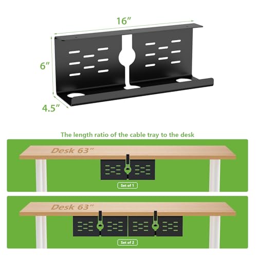 KEEGH 16" Under Desk Cable Management Tray, 2 Pack Desk Cord Organizer Upgrade Capacity, No Drill Clamp/Screws Mount, Cord Management Tray for Home Office, Gaming Desk, Standing Desk, Black - color: Black, size: 2 Pack